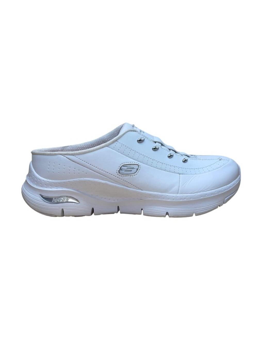 Skechers Women’s White Leather Blend Arch Fit Slide-On Walking Shoes Size 10
